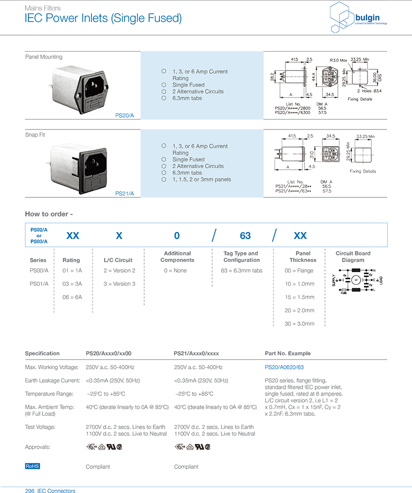 PS21-A带滤波器的IEC电源接入口选型