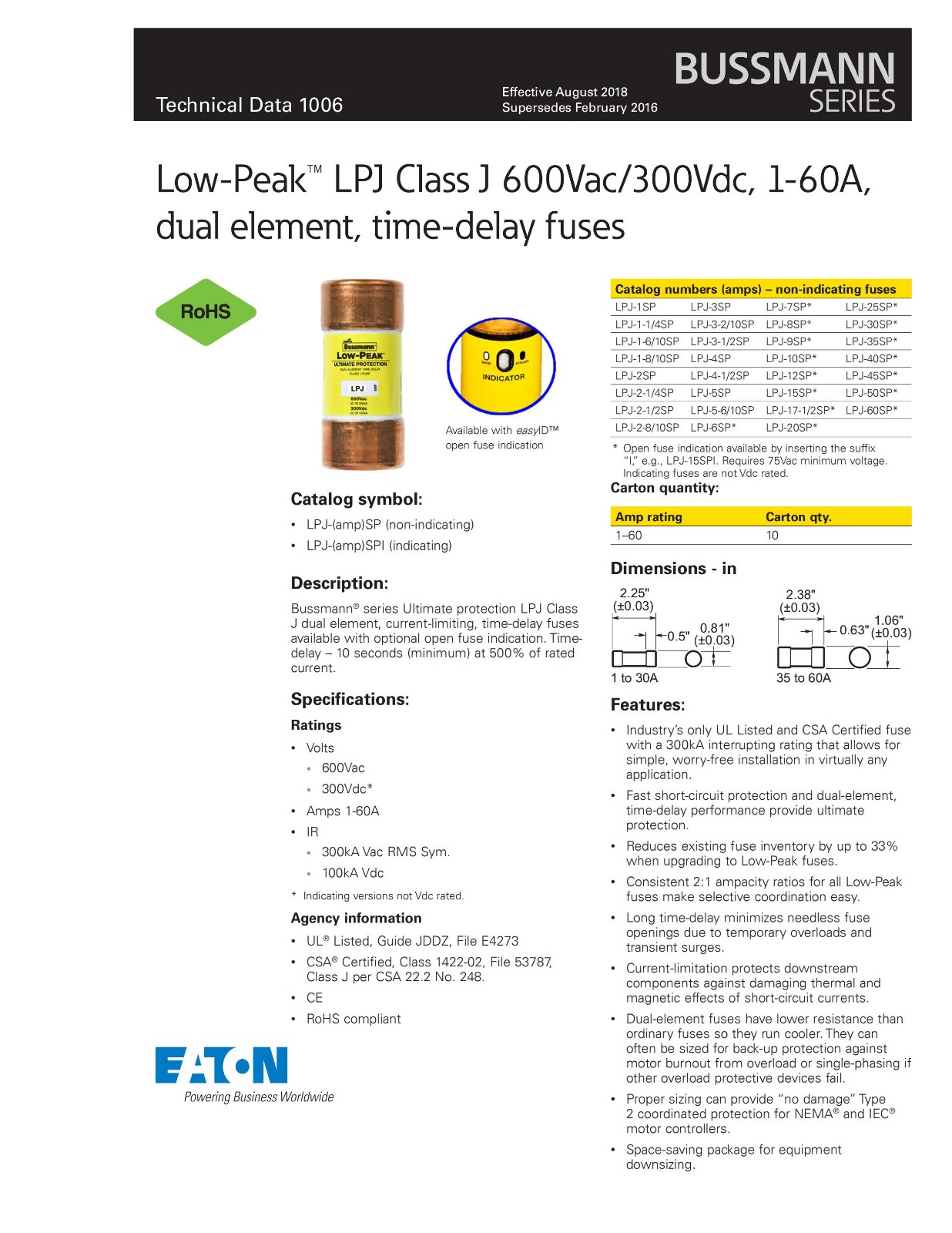 LPJ系列美标熔断器选型