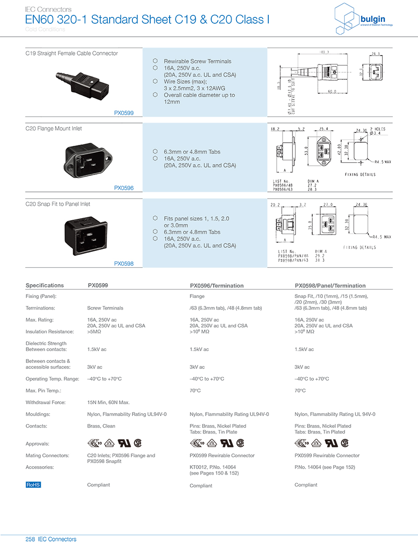 PX0599系列直型内螺纹 C19 IEC 连接器技术参数
